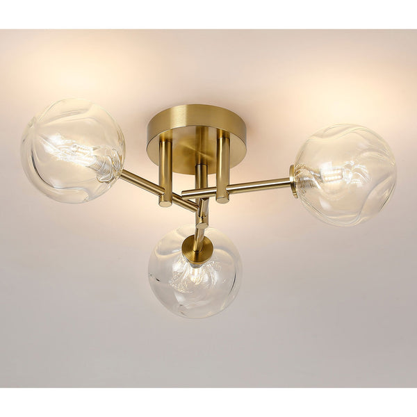 Tenterden Round 3 Light Semi Flush Ceiling Light in Brass Gold with Waved Round Clear Glass Diffusers