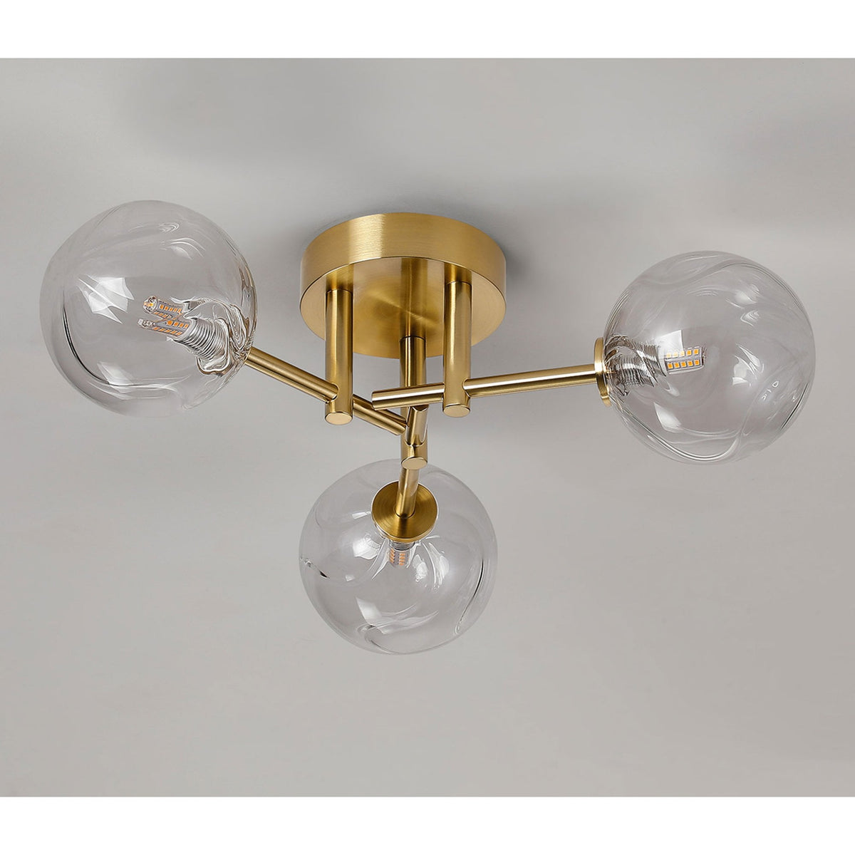Tenterden Round 3 Light Semi Flush Ceiling Light in Brass Gold with Waved Round Clear Glass Diffusers