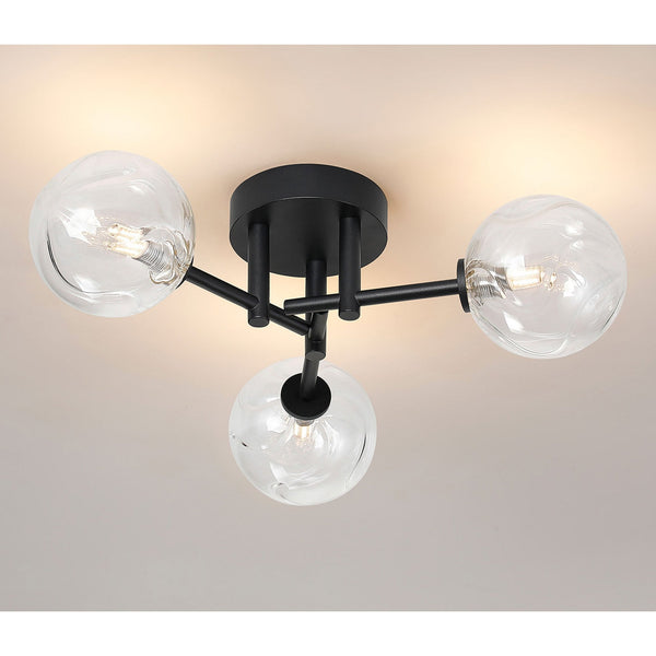 Tenterden Round 3 Light Semi Flush Ceiling Light in Satin Black with Waved Round Clear Glass Diffusers
