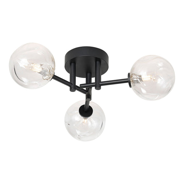 Tenterden Round 3 Light Semi Flush Ceiling Light in Satin Black with Waved Round Clear Glass Diffusers