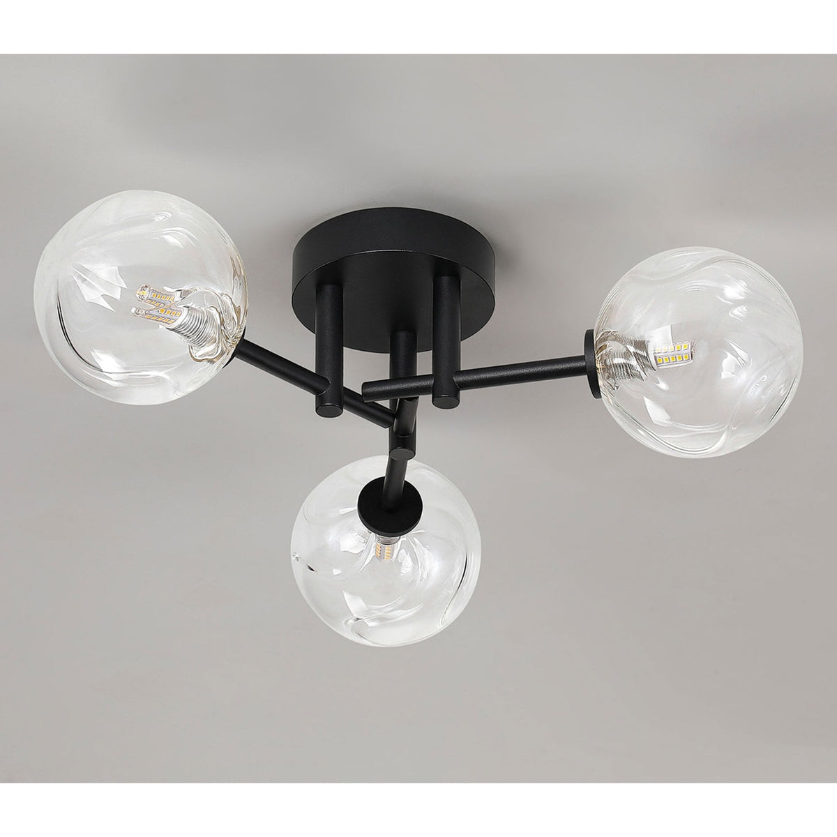Tenterden Round 3 Light Semi Flush Ceiling Light in Satin Black with Waved Round Clear Glass Diffusers