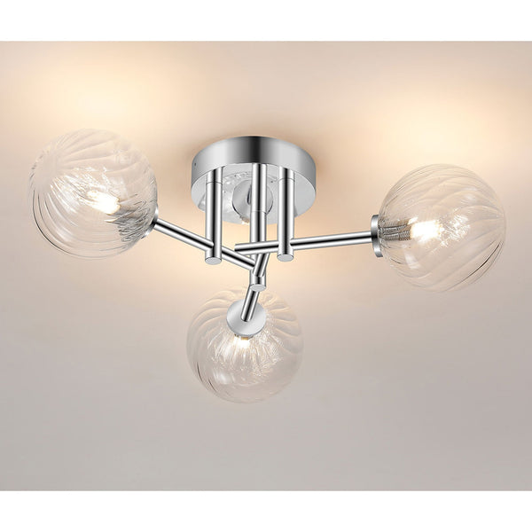 Tenterden Round 3 Light Semi Flush Ceiling Light in Chrome with Swirl Round Clear Glass Diffusers