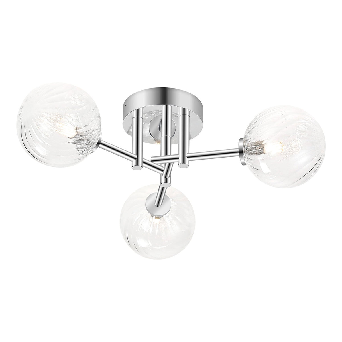 A chrome ceiling light with three clear glass orb shades, against a white background.