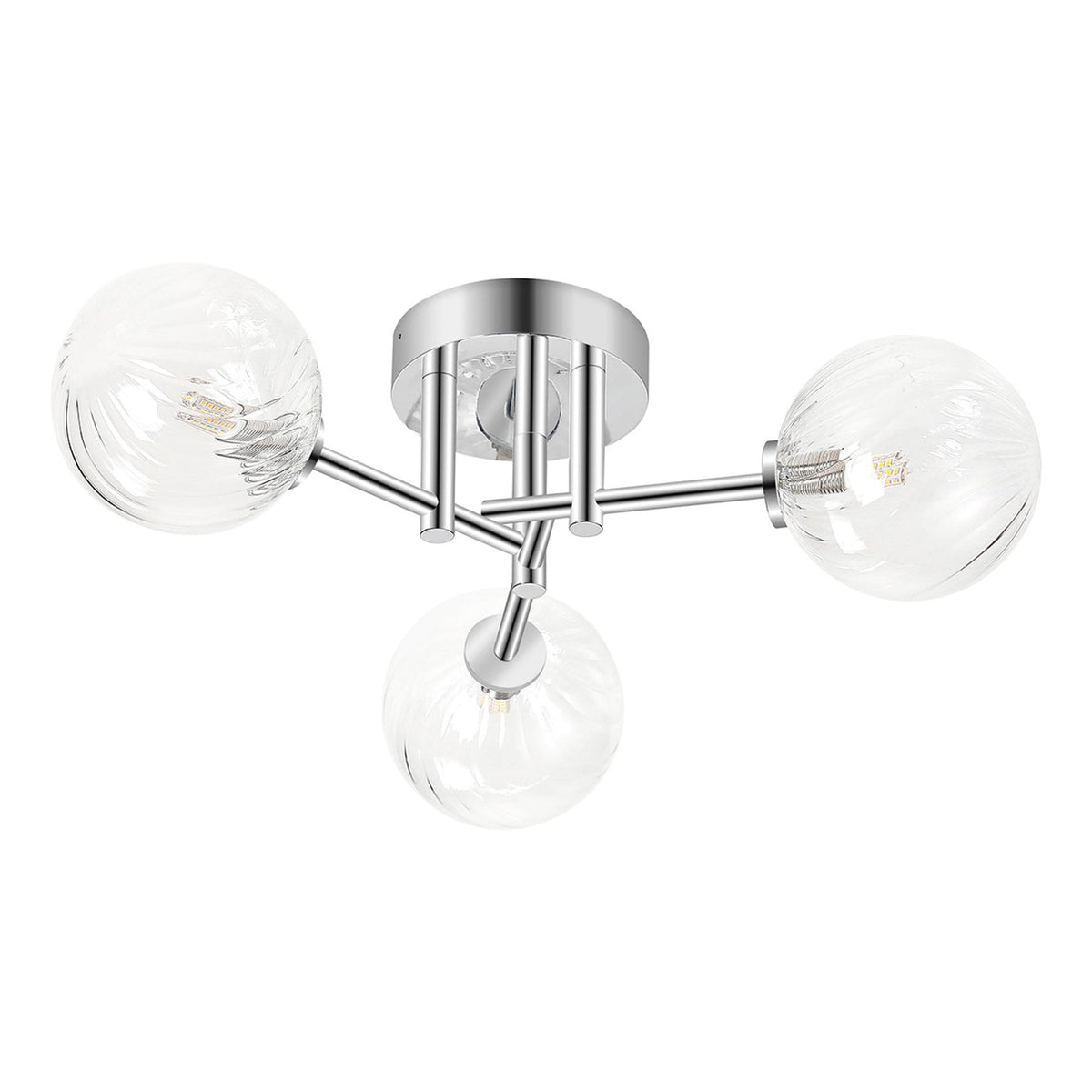 A modern chrome ceiling light with three clear glass orb shades on a white background.