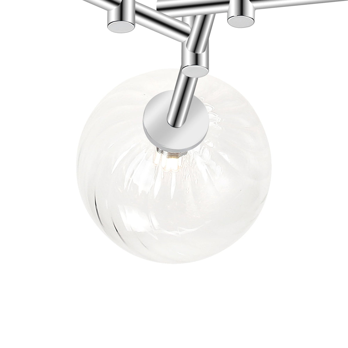 A close-up of one clear glass orb shade from a chrome ceiling light, on a white background.