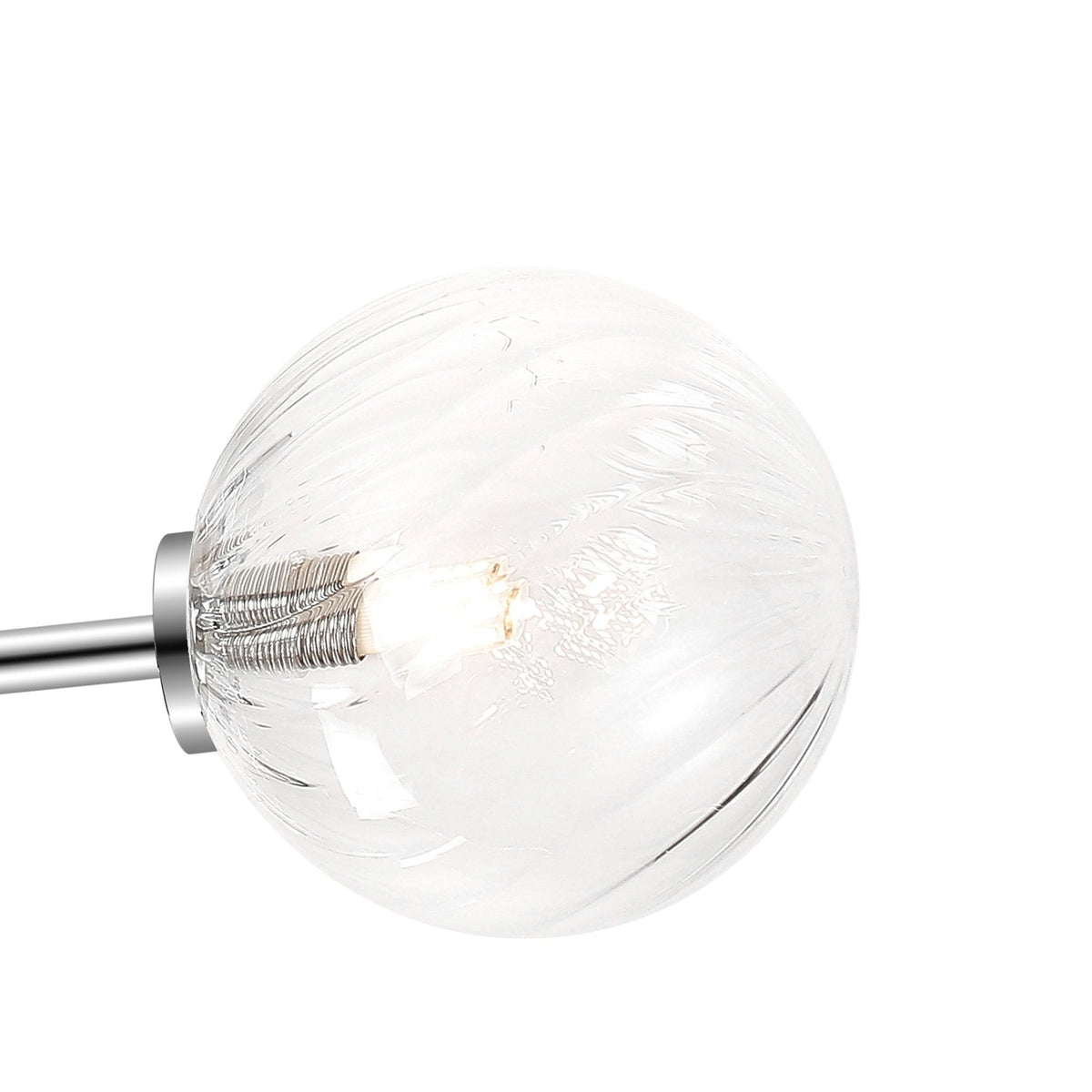 A detailed view of a clear glass orb shade from a chrome ceiling light, on white background.
