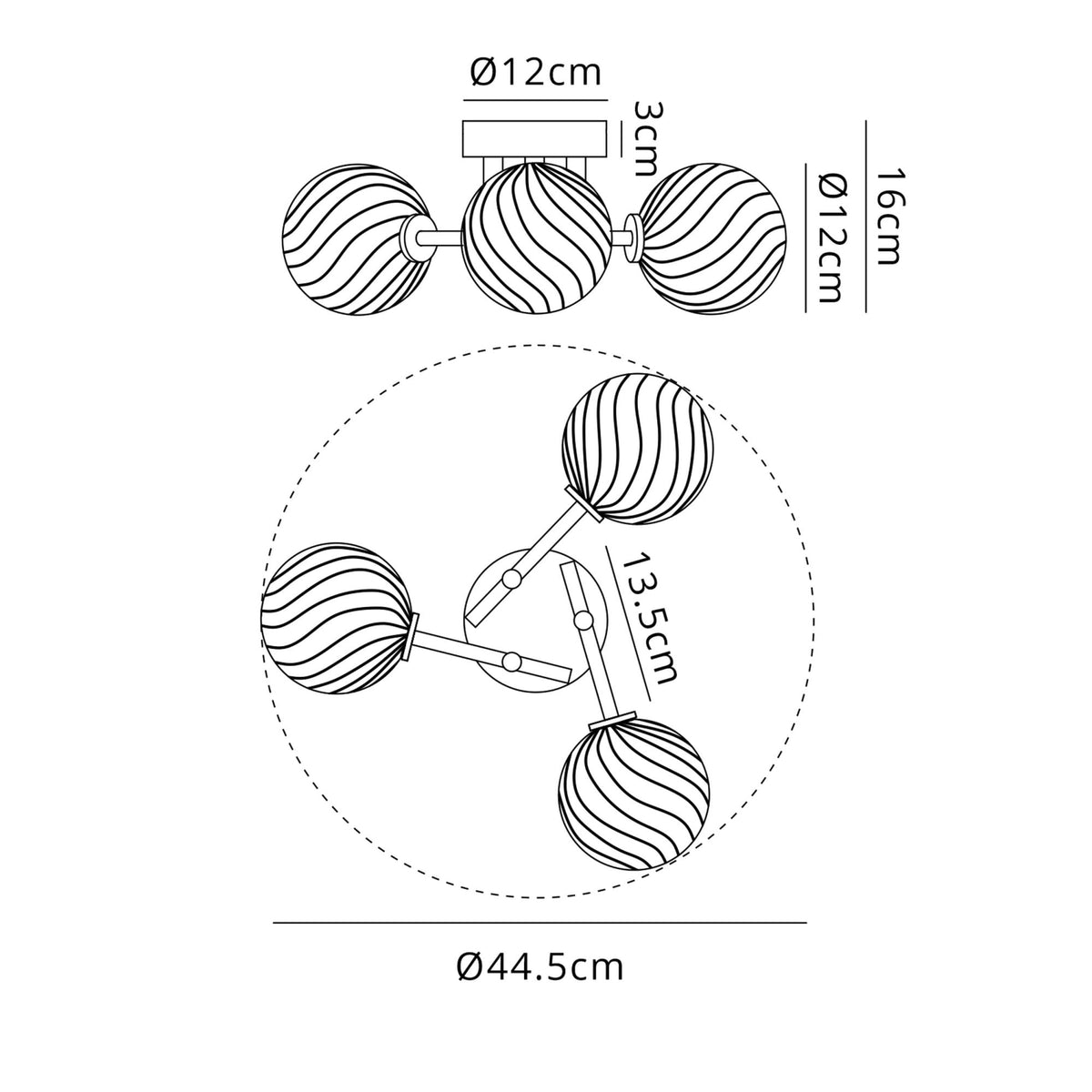 Technical diagram showing the dimensions of a three-light ceiling fixture with orb shades.