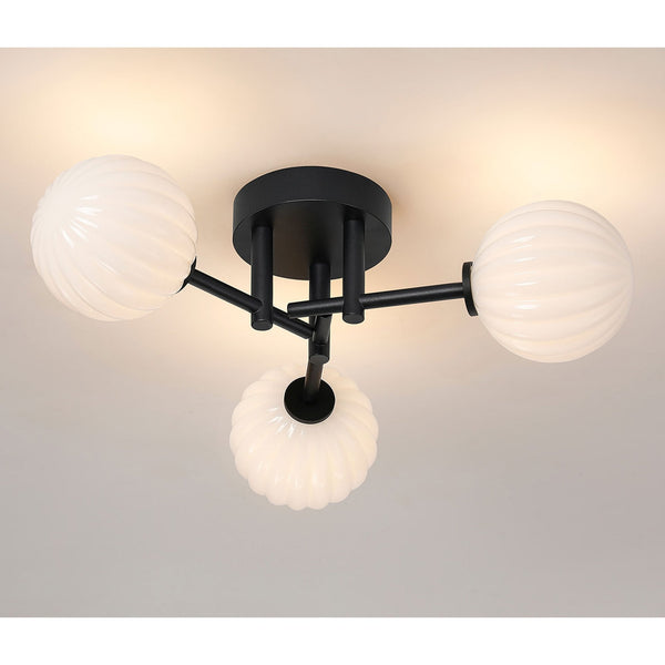 Tenterden Round 3 Light Semi Flush Ceiling Light in Satin Black with Segment Round Opal Glass Diffusers