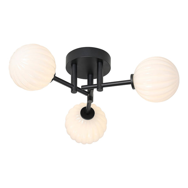 Tenterden Round 3 Light Semi Flush Ceiling Light in Satin Black with Segment Round Opal Glass Diffusers