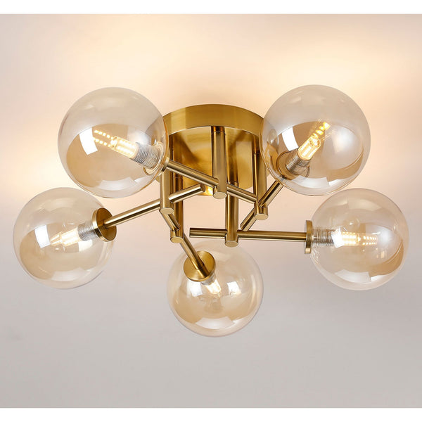 Tenterden Round 5 Light Semi Flush Ceiling Light in Brass Gold with Smooth Round Amber Glass Diffusers