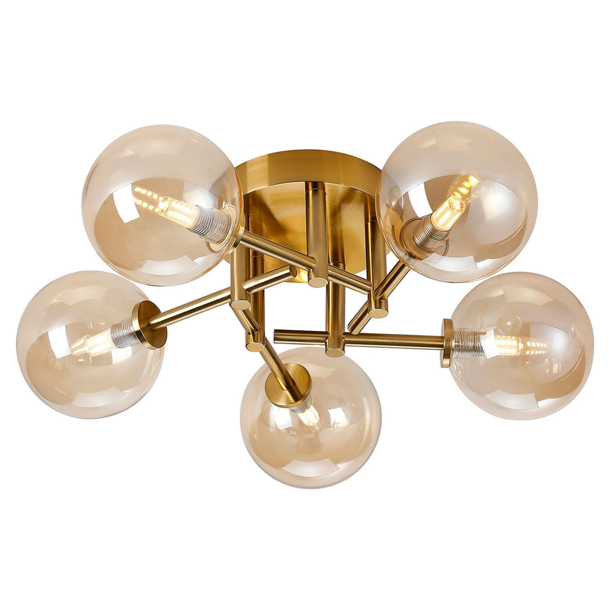 Tenterden Round 5 Light Semi Flush Ceiling Light in Brass Gold with Smooth Round Amber Glass Diffusers