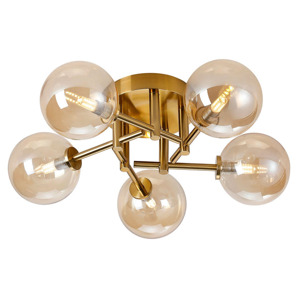 Tenterden Round 5 Light Semi Flush Ceiling Light in Brass Gold with Smooth Round Amber Glass Diffusers