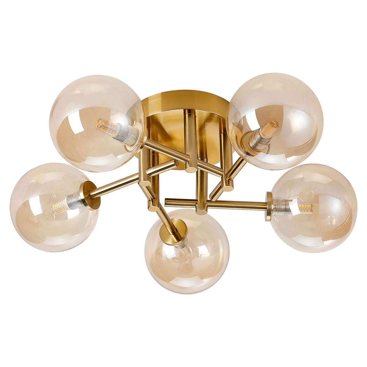 Tenterden Round 5 Light Semi Flush Ceiling Light in Brass Gold with Smooth Round Amber Glass Diffusers