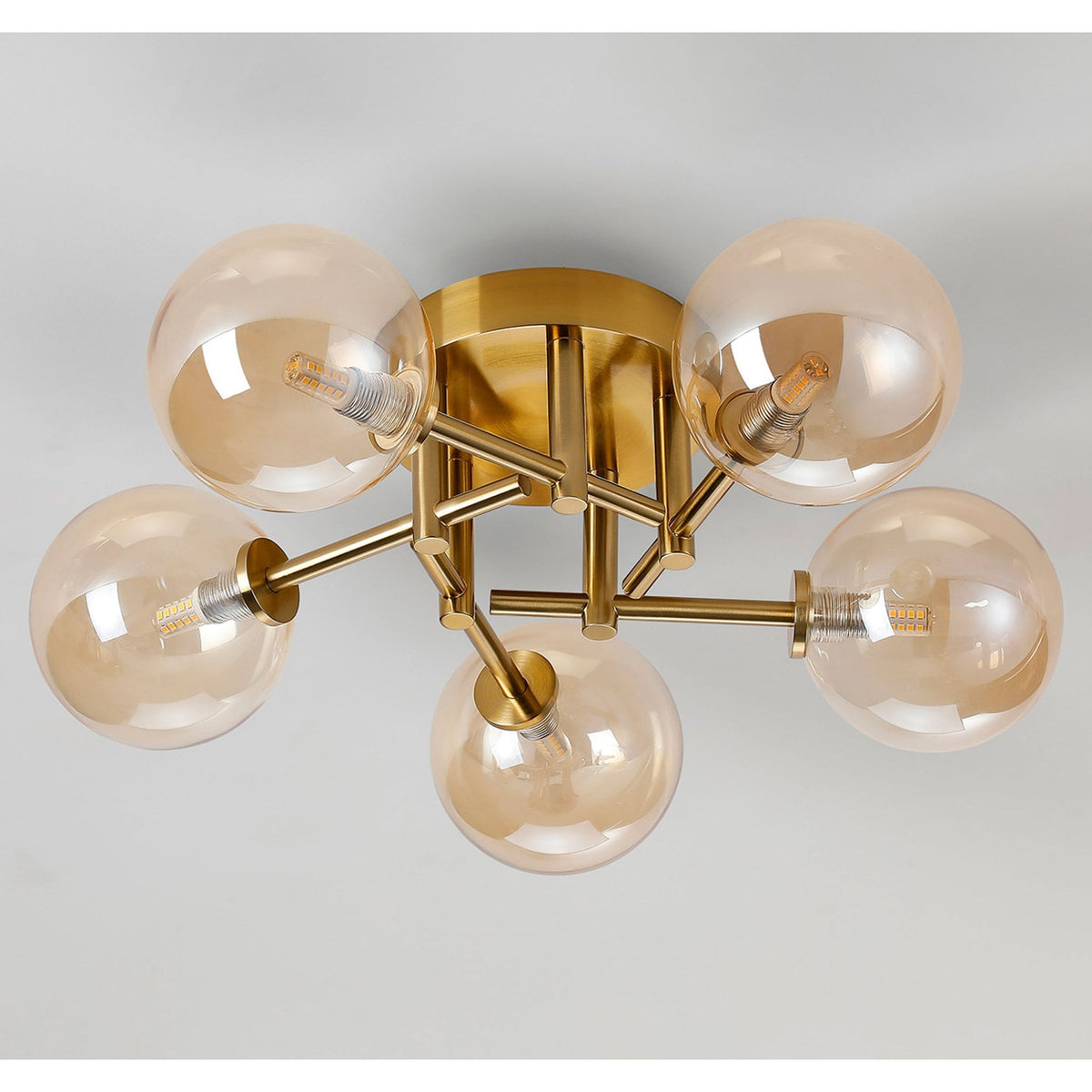 Tenterden Round 5 Light Semi Flush Ceiling Light in Brass Gold with Smooth Round Amber Glass Diffusers