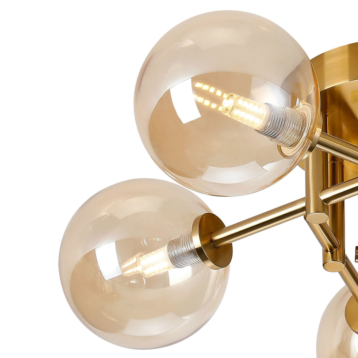 Tenterden Round 5 Light Semi Flush Ceiling Light in Brass Gold with Smooth Round Amber Glass Diffusers