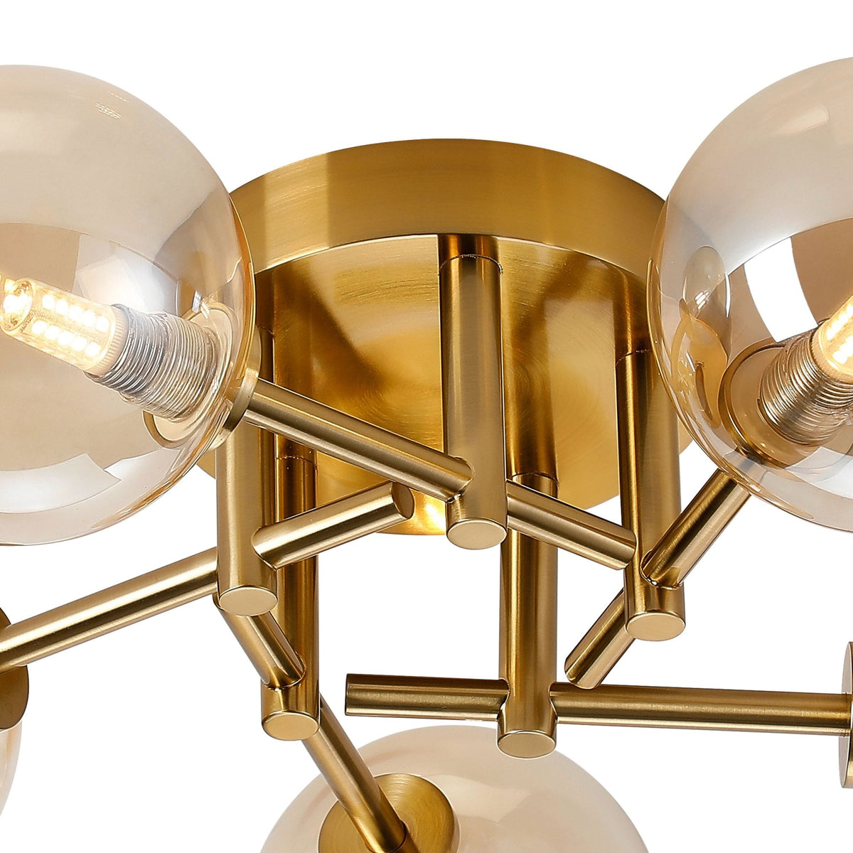Tenterden Round 5 Light Semi Flush Ceiling Light in Brass Gold with Smooth Round Amber Glass Diffusers