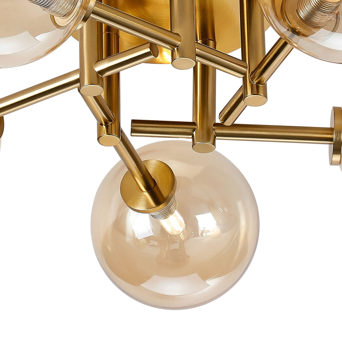 Tenterden Round 5 Light Semi Flush Ceiling Light in Brass Gold with Smooth Round Amber Glass Diffusers