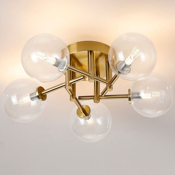Tenterden Round 5 Light Semi Flush Ceiling Light in Brass Gold with Smooth Round Clear Glass Diffusers