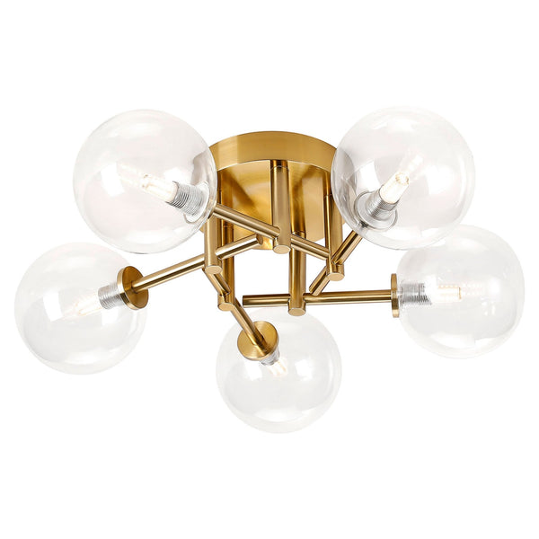 Tenterden Round 5 Light Semi Flush Ceiling Light in Brass Gold with Smooth Round Clear Glass Diffusers