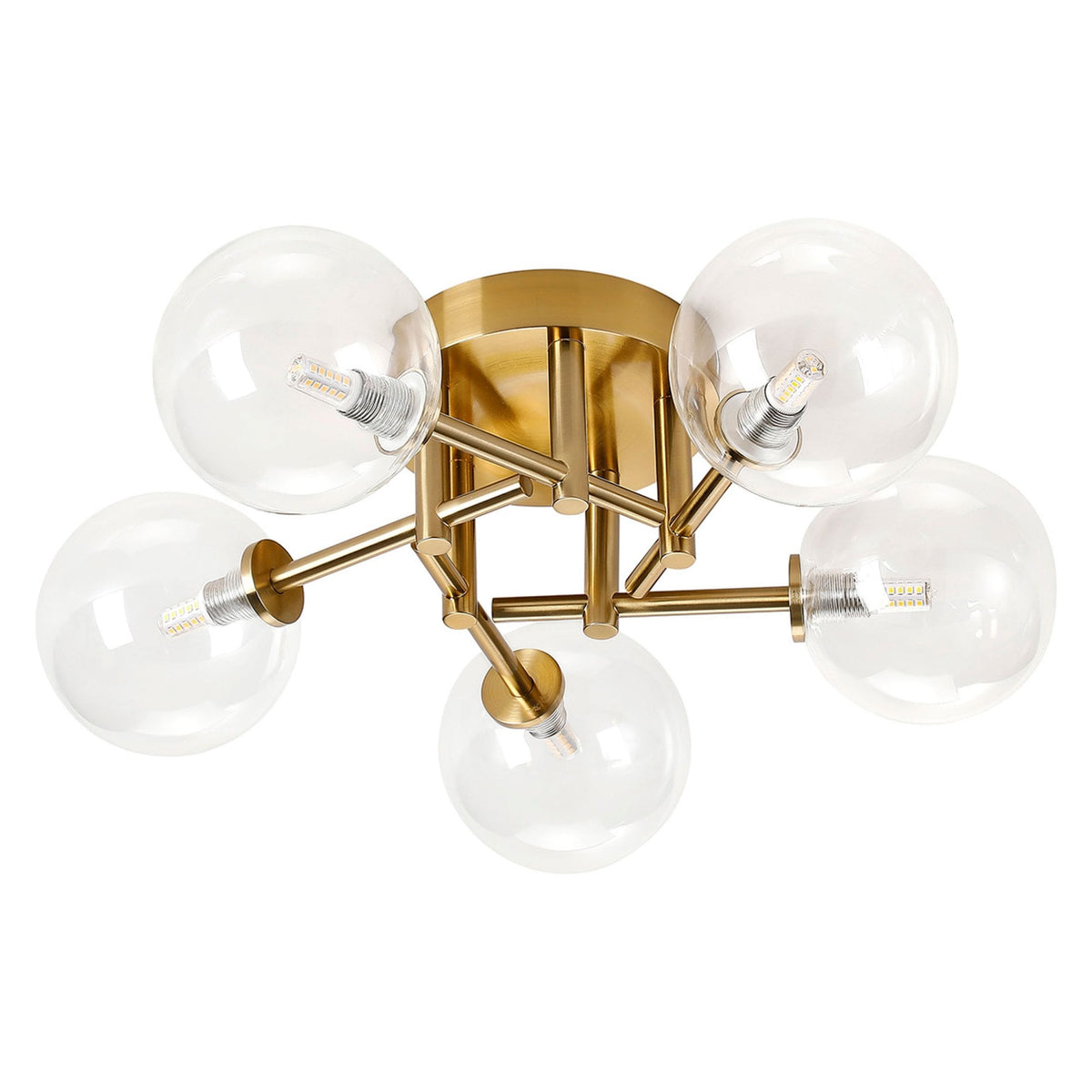 Tenterden Round 5 Light Semi Flush Ceiling Light in Brass Gold with Smooth Round Clear Glass Diffusers