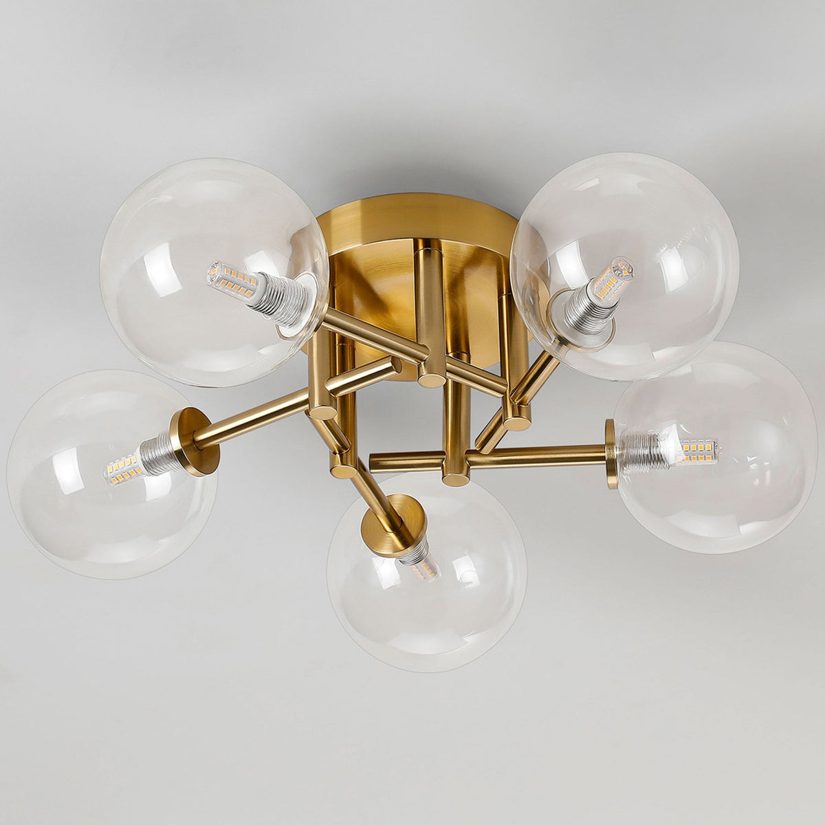 Tenterden Round 5 Light Semi Flush Ceiling Light in Brass Gold with Smooth Round Clear Glass Diffusers