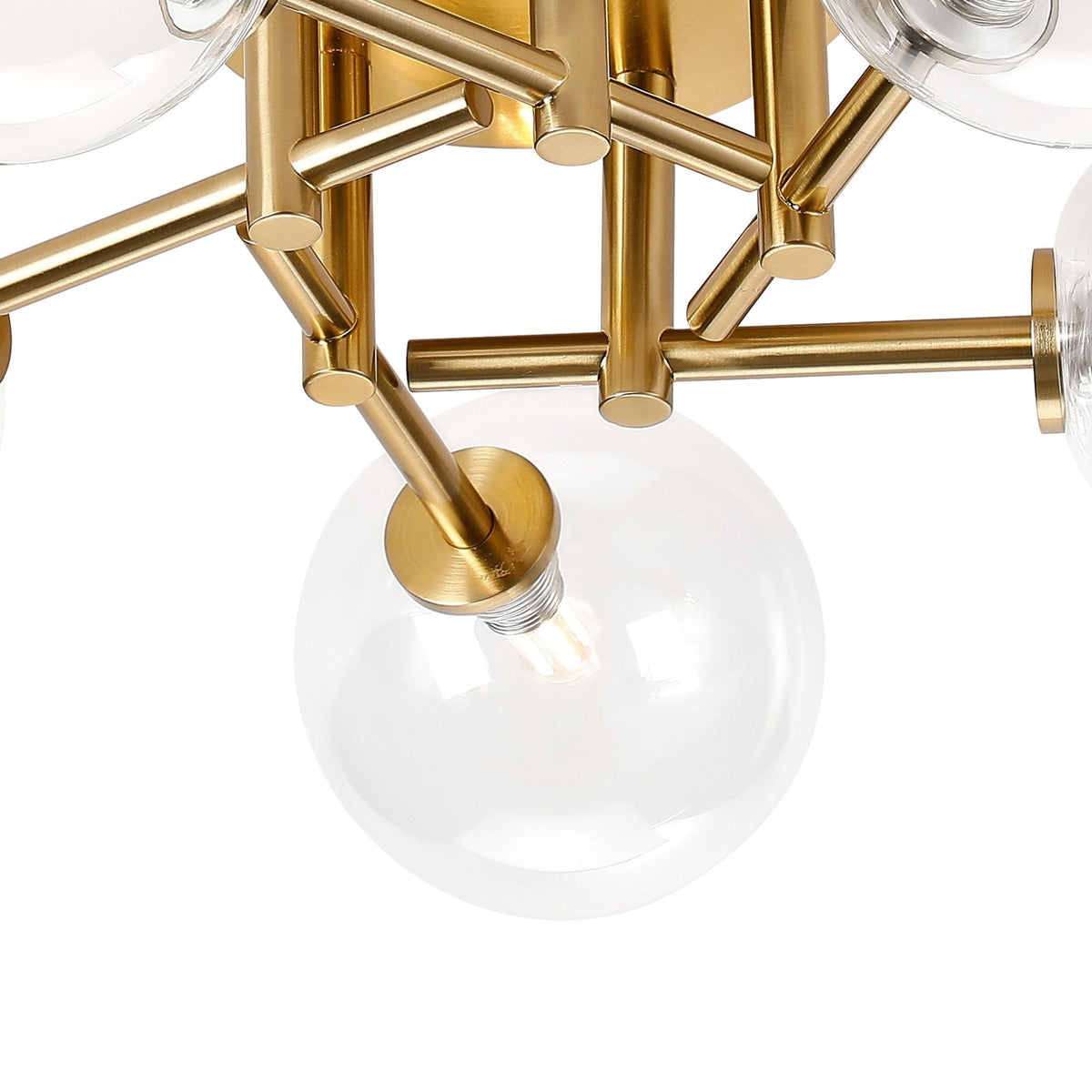 Tenterden Round 5 Light Semi Flush Ceiling Light in Brass Gold with Smooth Round Clear Glass Diffusers