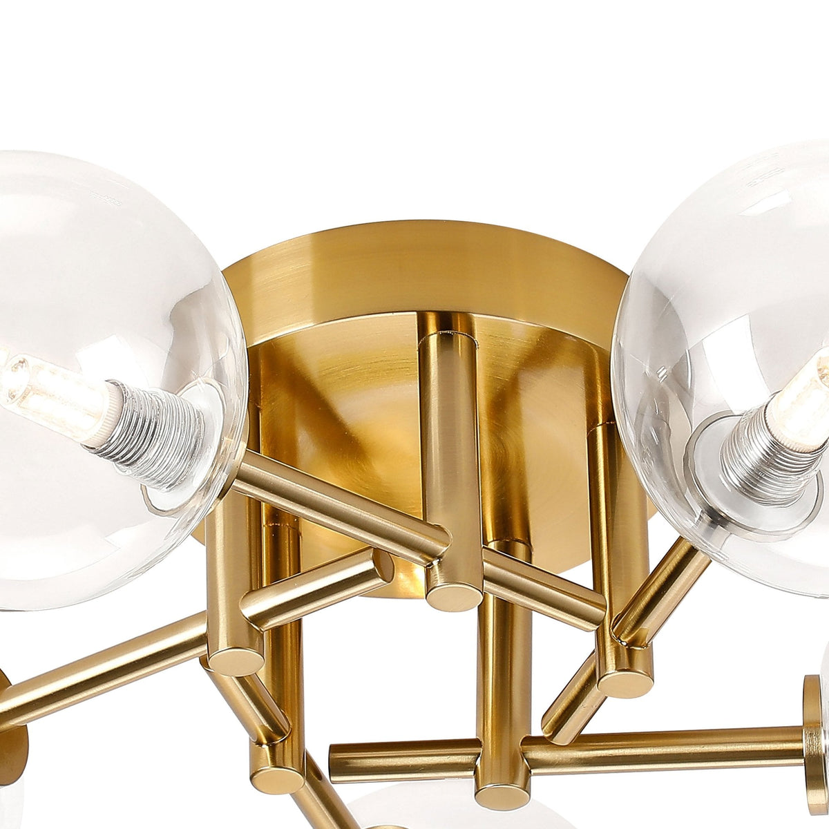Tenterden Round 5 Light Semi Flush Ceiling Light in Brass Gold with Smooth Round Clear Glass Diffusers