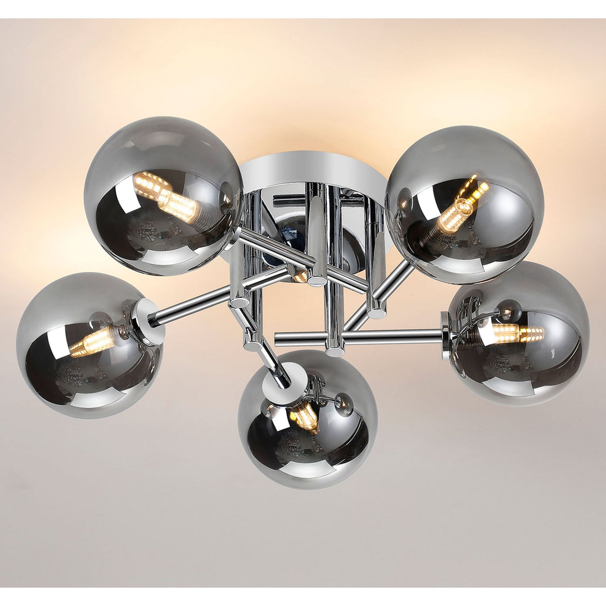 Tenterden Round 5 Light Semi Flush Ceiling Light in Chrome with Smooth Round Smoke Glass Diffusers