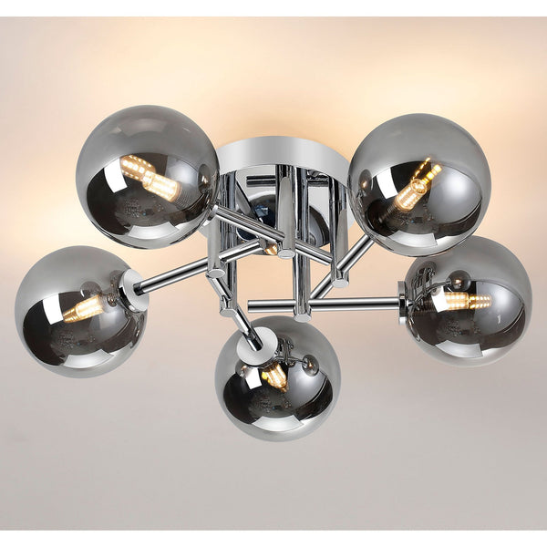 Tenterden Round 5 Light Semi Flush Ceiling Light in Chrome with Smooth Round Smoke Glass Diffusers