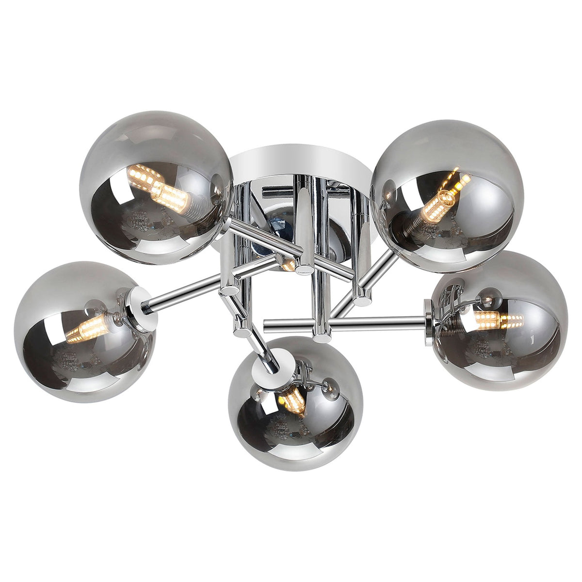 Tenterden Round 5 Light Semi Flush Ceiling Light in Chrome with Smooth Round Smoke Glass Diffusers