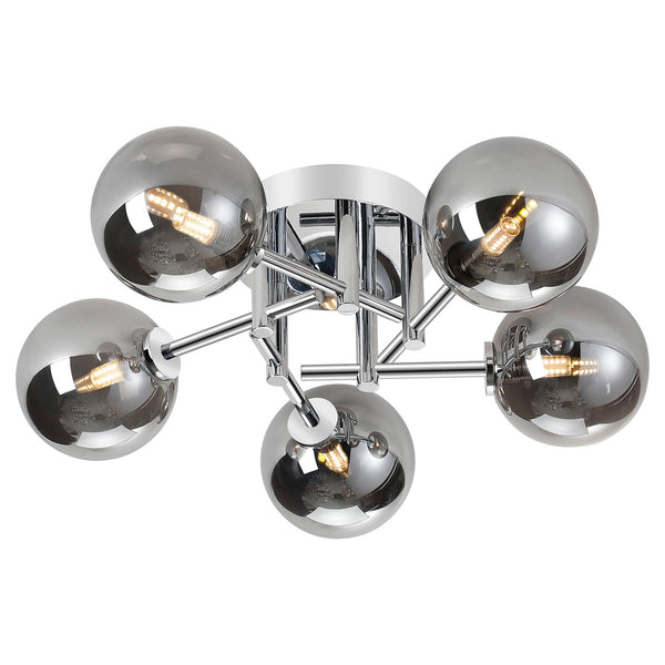 Tenterden Round 5 Light Semi Flush Ceiling Light in Chrome with Smooth Round Smoke Glass Diffusers