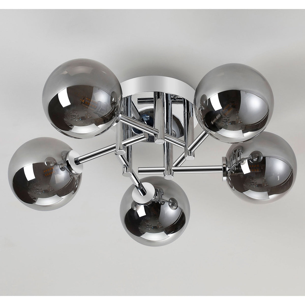 Tenterden Round 5 Light Semi Flush Ceiling Light in Chrome with Smooth Round Smoke Glass Diffusers
