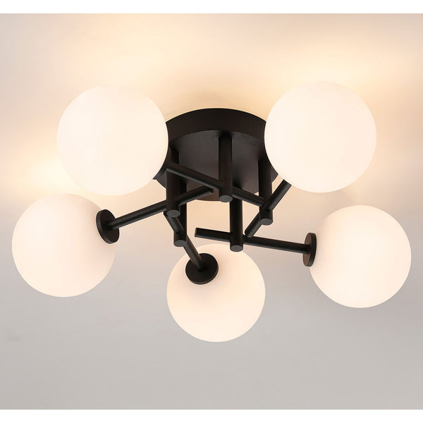 Tenterden Round 5 Light Semi Flush Ceiling Light in Satin Black with Smooth Round Opal Glass Diffusers