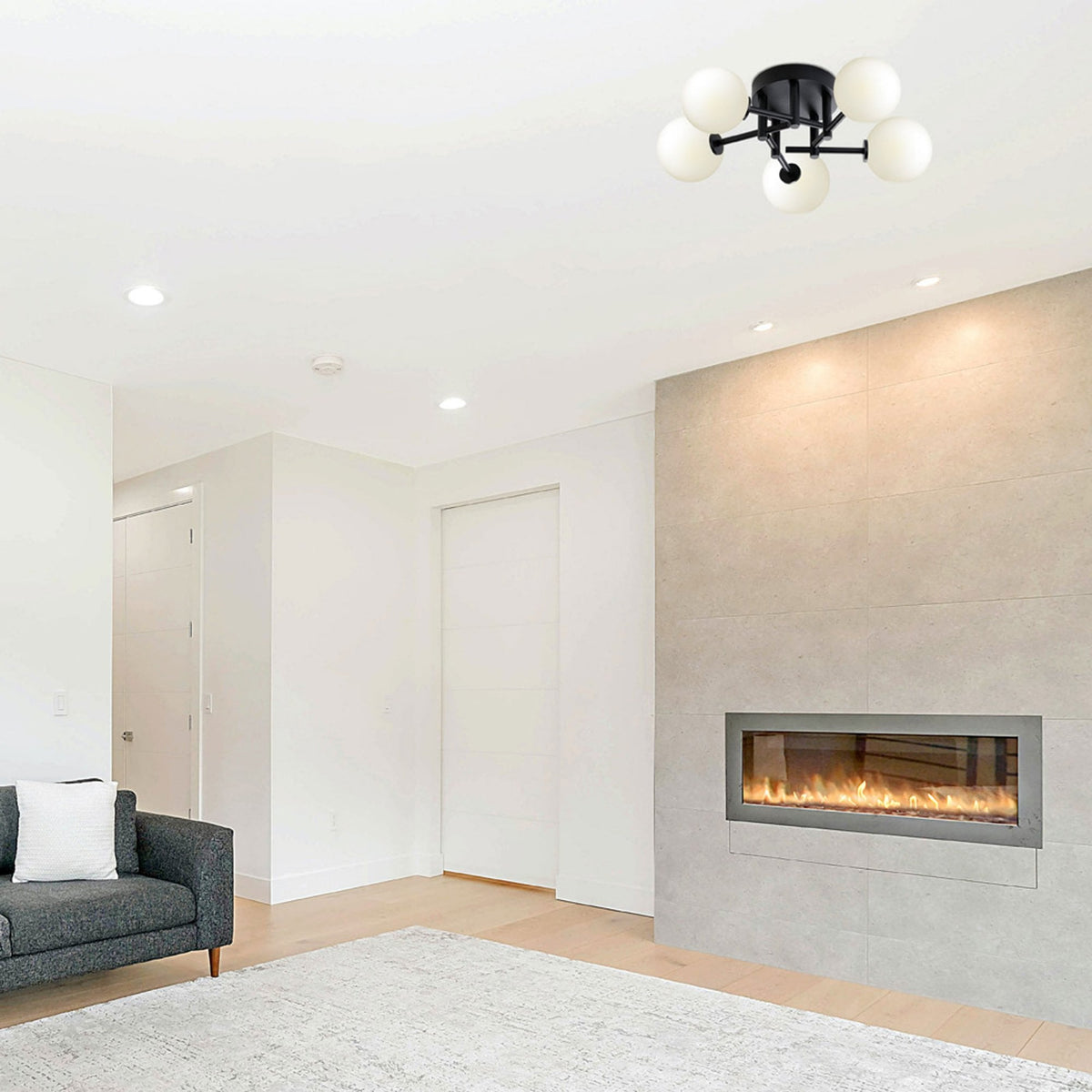 Tenterden Round 5 Light Semi Flush Ceiling Light in Satin Black with Smooth Round Opal Glass Diffusers