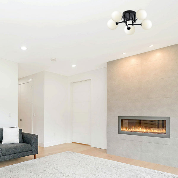 Tenterden Round 5 Light Semi Flush Ceiling Light in Satin Black with Smooth Round Opal Glass Diffusers