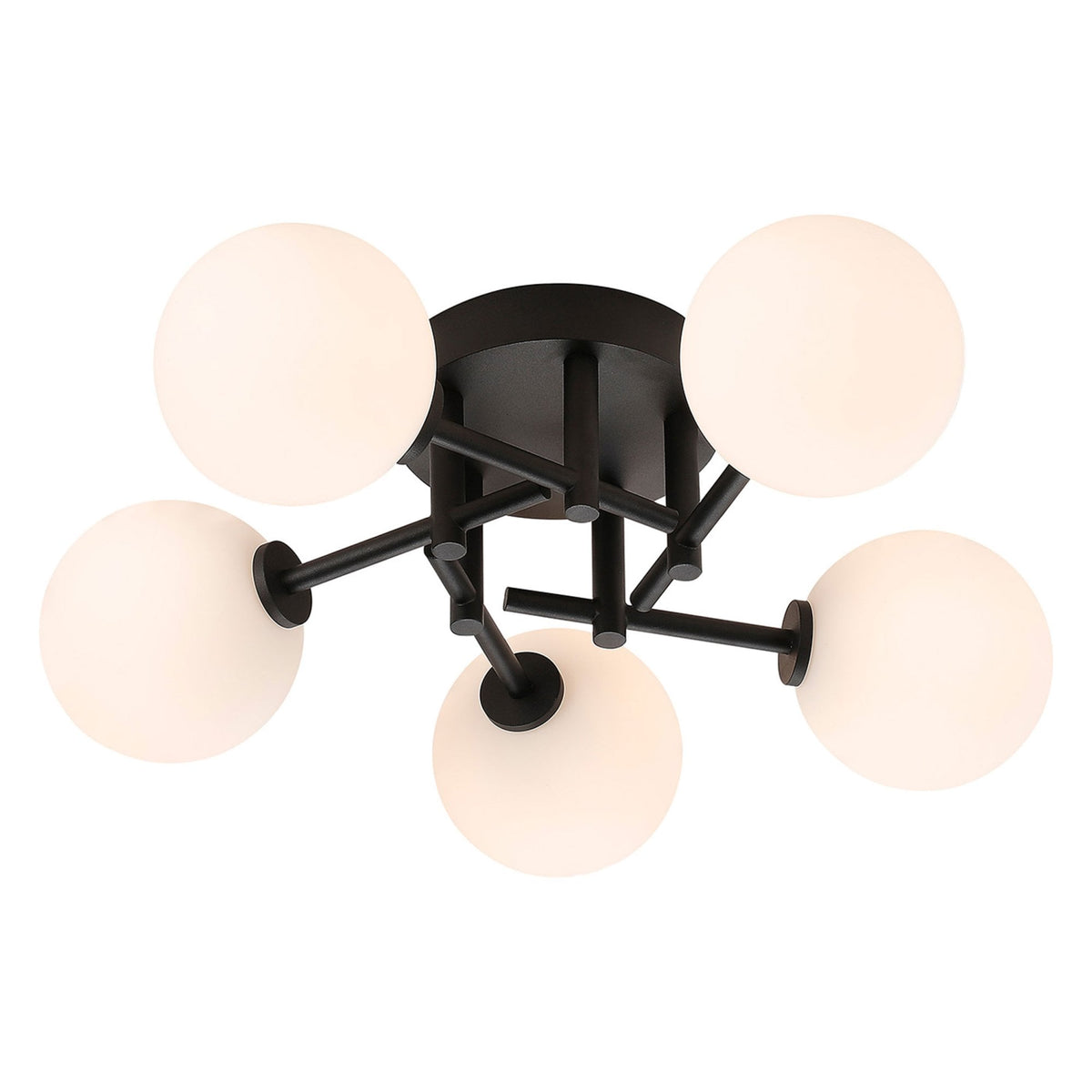 Tenterden Round 5 Light Semi Flush Ceiling Light in Satin Black with Smooth Round Opal Glass Diffusers