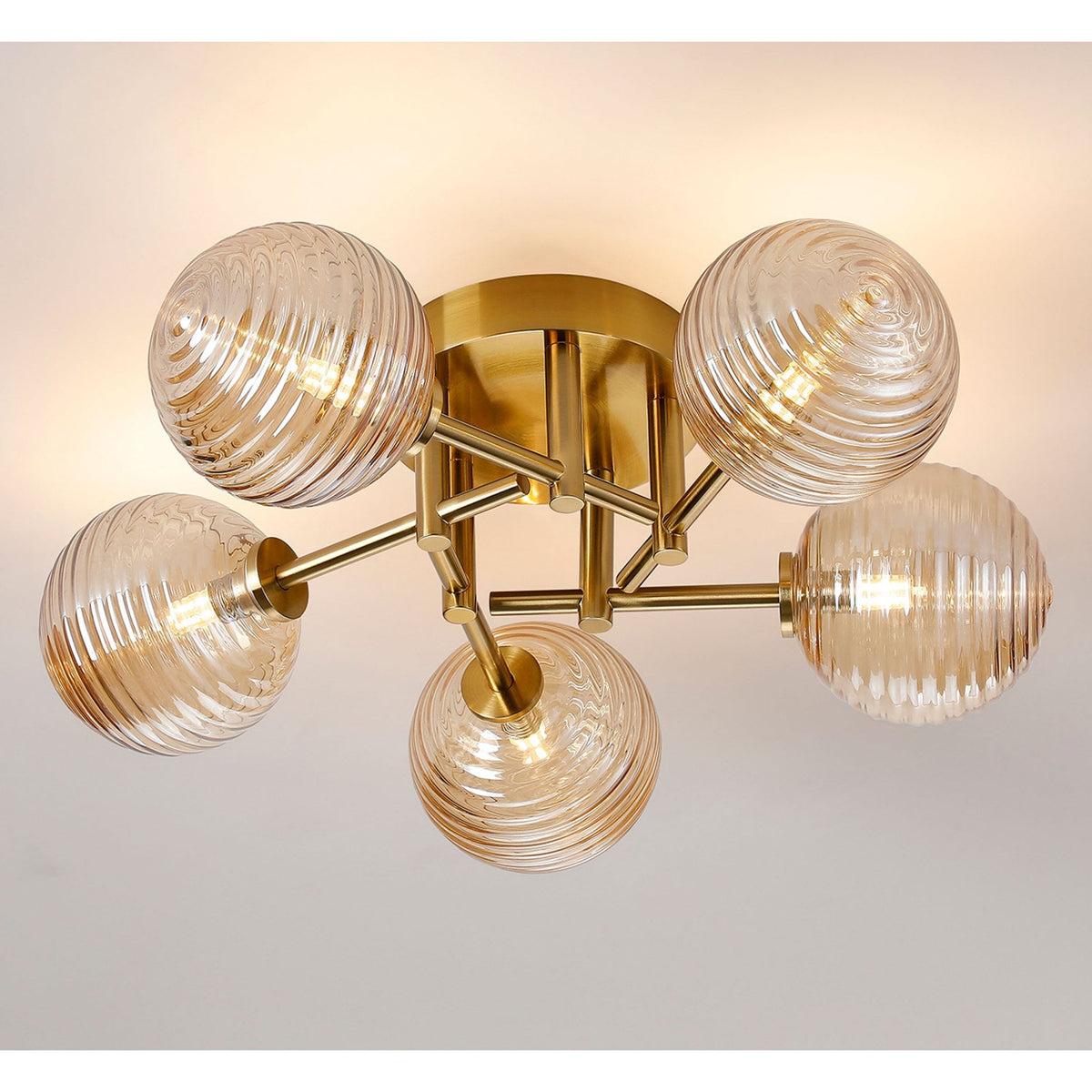 Tenterden Round 5 Light Semi Flush Ceiling Light in Brass Gold with Ribbed Round Amber Glass Diffusers