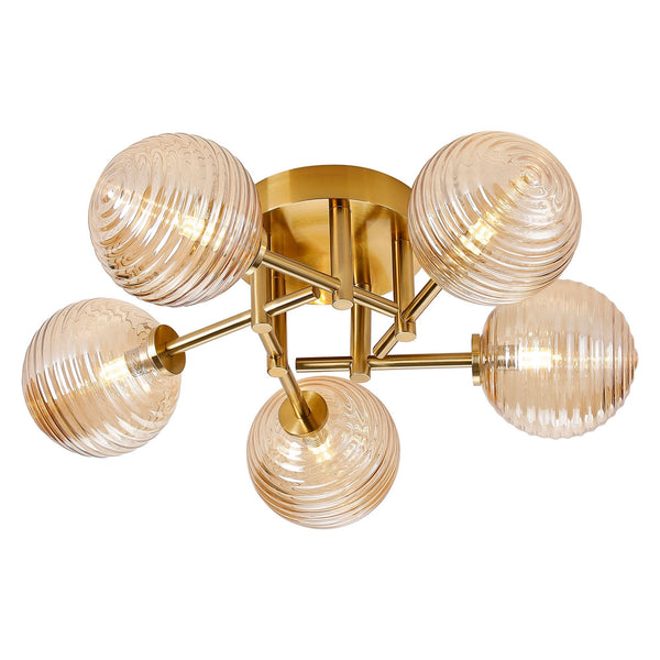 Tenterden Round 5 Light Semi Flush Ceiling Light in Brass Gold with Ribbed Round Amber Glass Diffusers