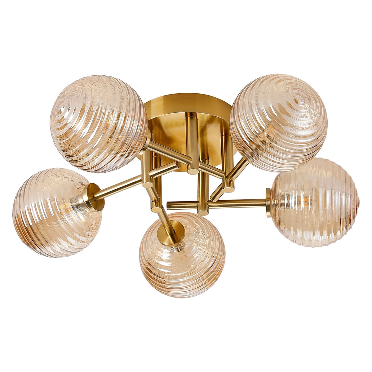 Tenterden Round 5 Light Semi Flush Ceiling Light in Brass Gold with Ribbed Round Amber Glass Diffusers