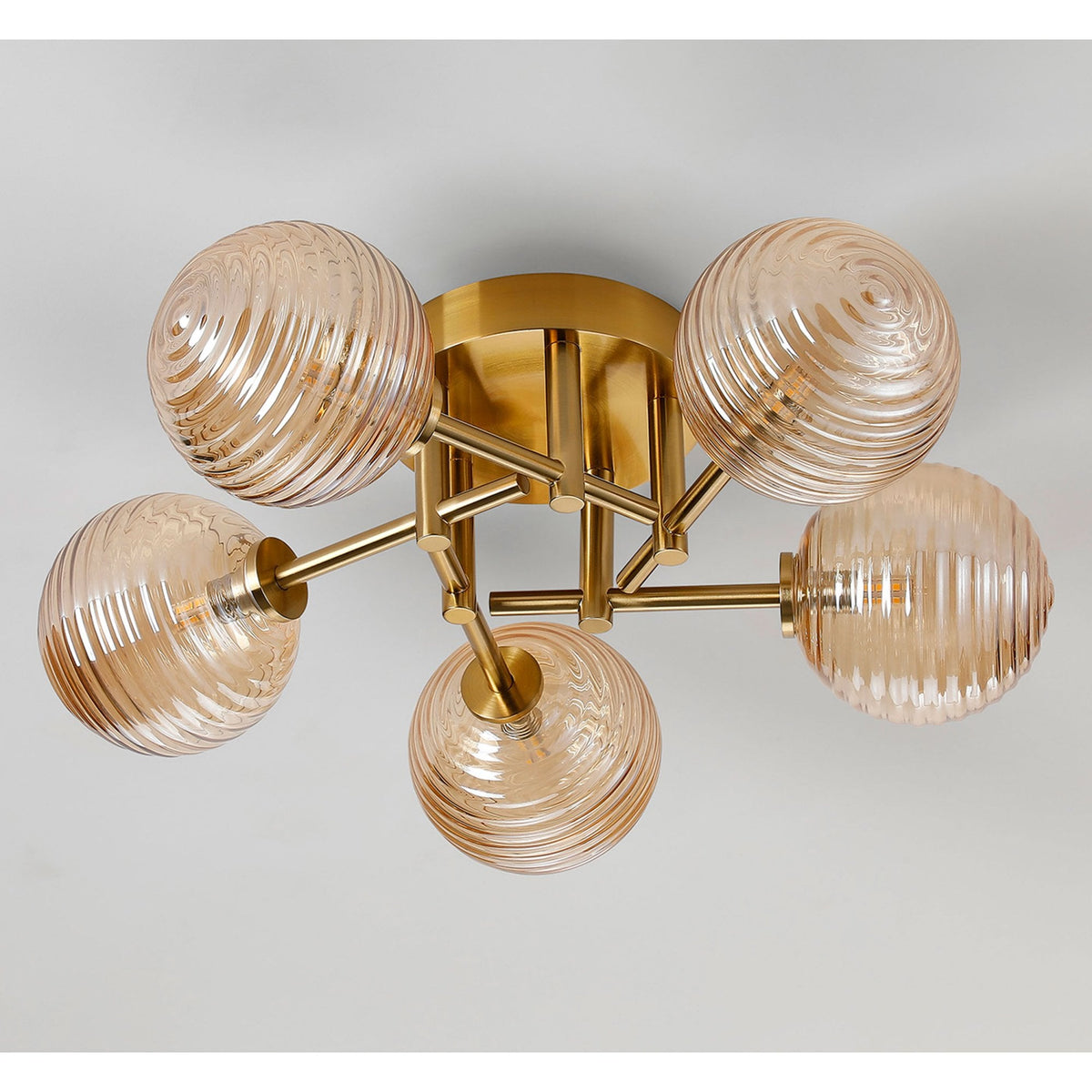 Tenterden Round 5 Light Semi Flush Ceiling Light in Brass Gold with Ribbed Round Amber Glass Diffusers