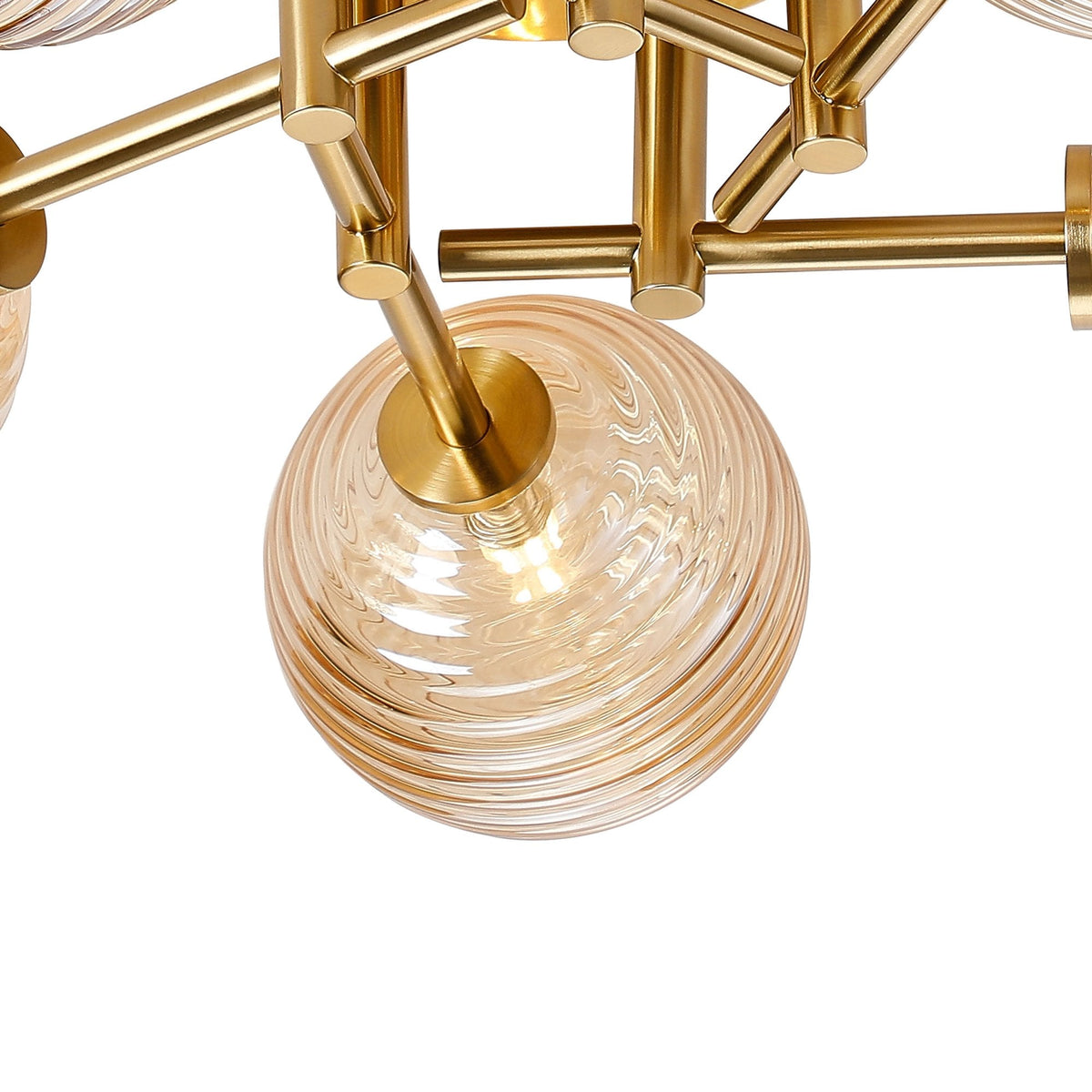Tenterden Round 5 Light Semi Flush Ceiling Light in Brass Gold with Ribbed Round Amber Glass Diffusers