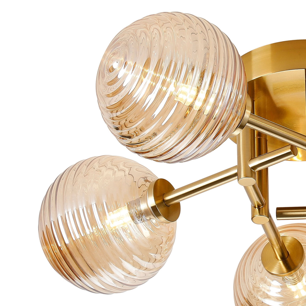 Tenterden Round 5 Light Semi Flush Ceiling Light in Brass Gold with Ribbed Round Amber Glass Diffusers