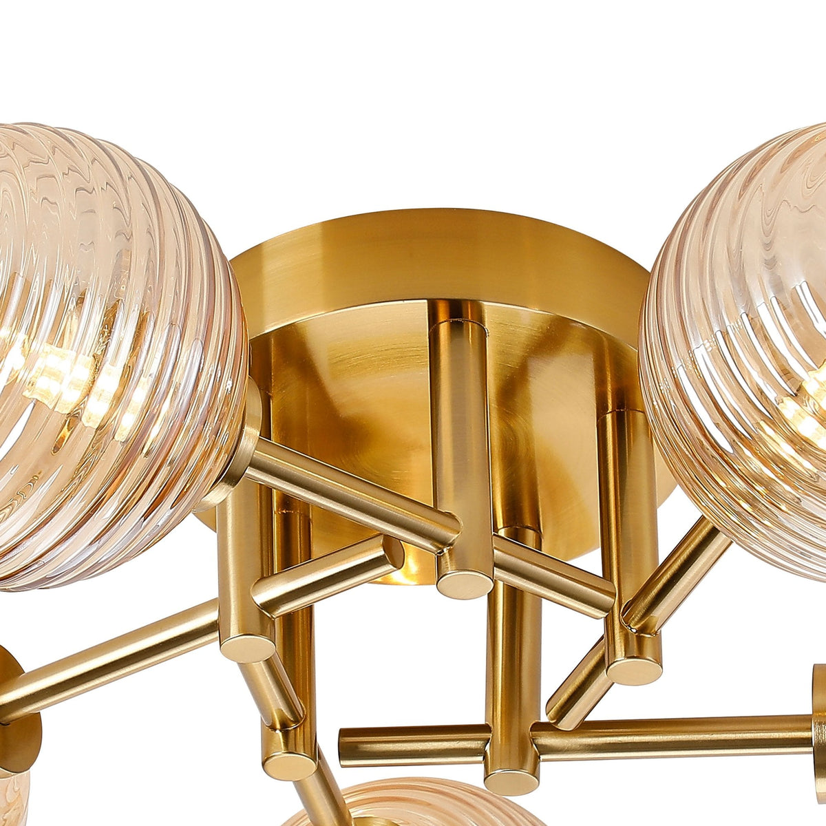 Tenterden Round 5 Light Semi Flush Ceiling Light in Brass Gold with Ribbed Round Amber Glass Diffusers