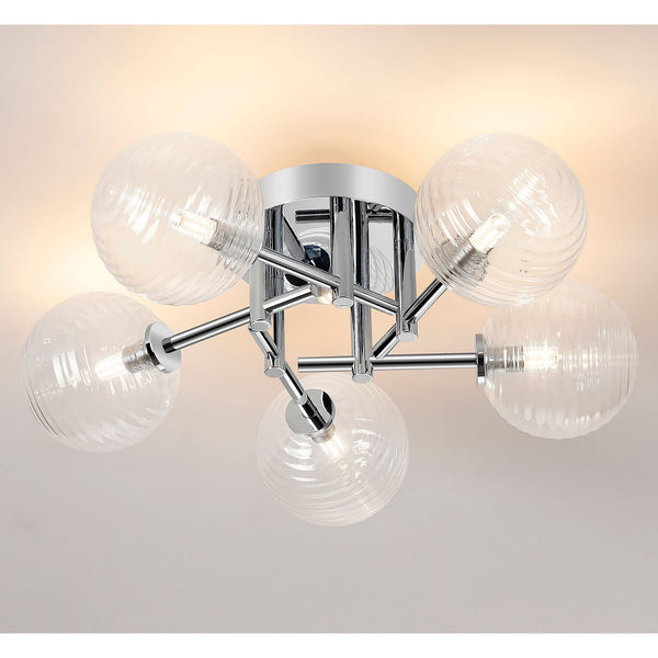 Tenterden Round 5 Light Semi Flush Ceiling Light in Chrome with Ribbed Round Clear Glass Diffusers