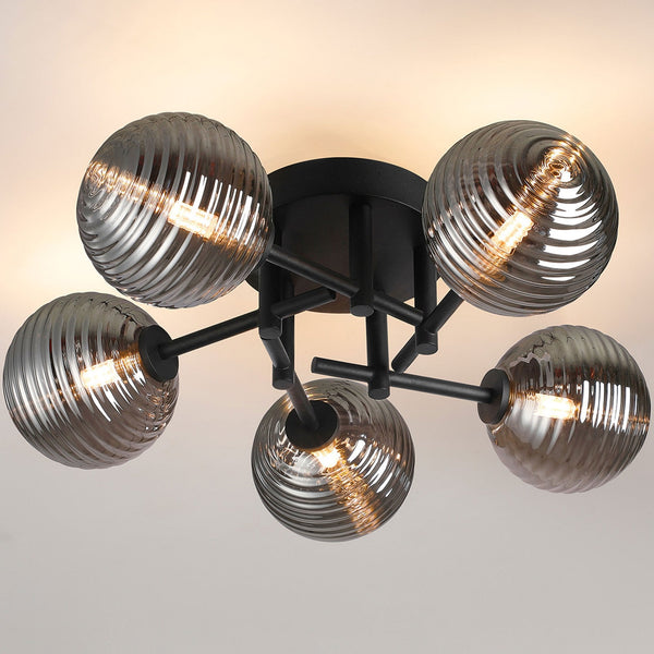 Tenterden Round 5 Light Semi Flush Ceiling Light in Satin Black with Ribbed Round Smoke Glass Diffusers
