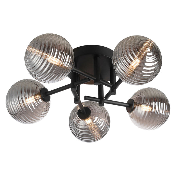 Tenterden Round 5 Light Semi Flush Ceiling Light in Satin Black with Ribbed Round Smoke Glass Diffusers