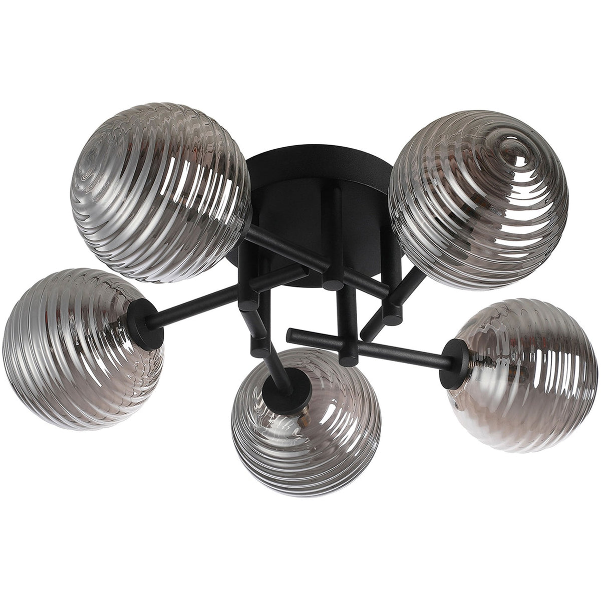Tenterden Round 5 Light Semi Flush Ceiling Light in Satin Black with Ribbed Round Smoke Glass Diffusers