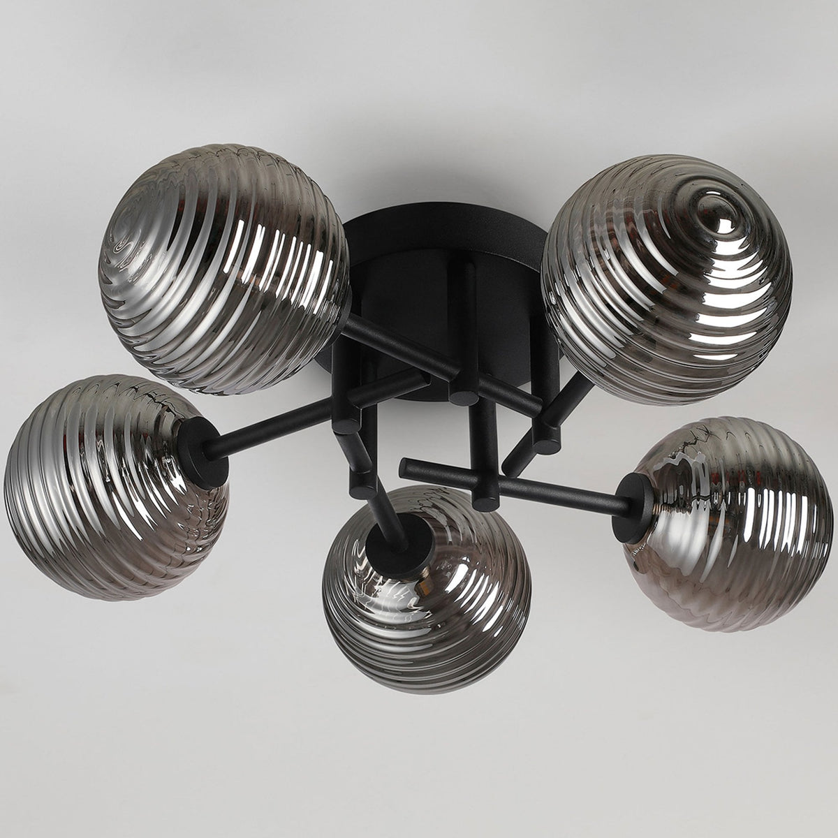 Tenterden Round 5 Light Semi Flush Ceiling Light in Satin Black with Ribbed Round Smoke Glass Diffusers