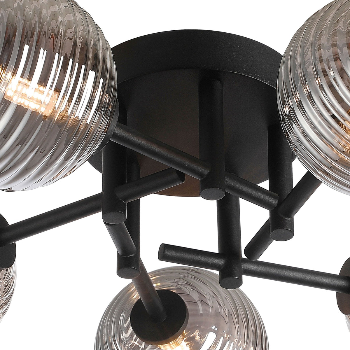 Tenterden Round 5 Light Semi Flush Ceiling Light in Satin Black with Ribbed Round Smoke Glass Diffusers