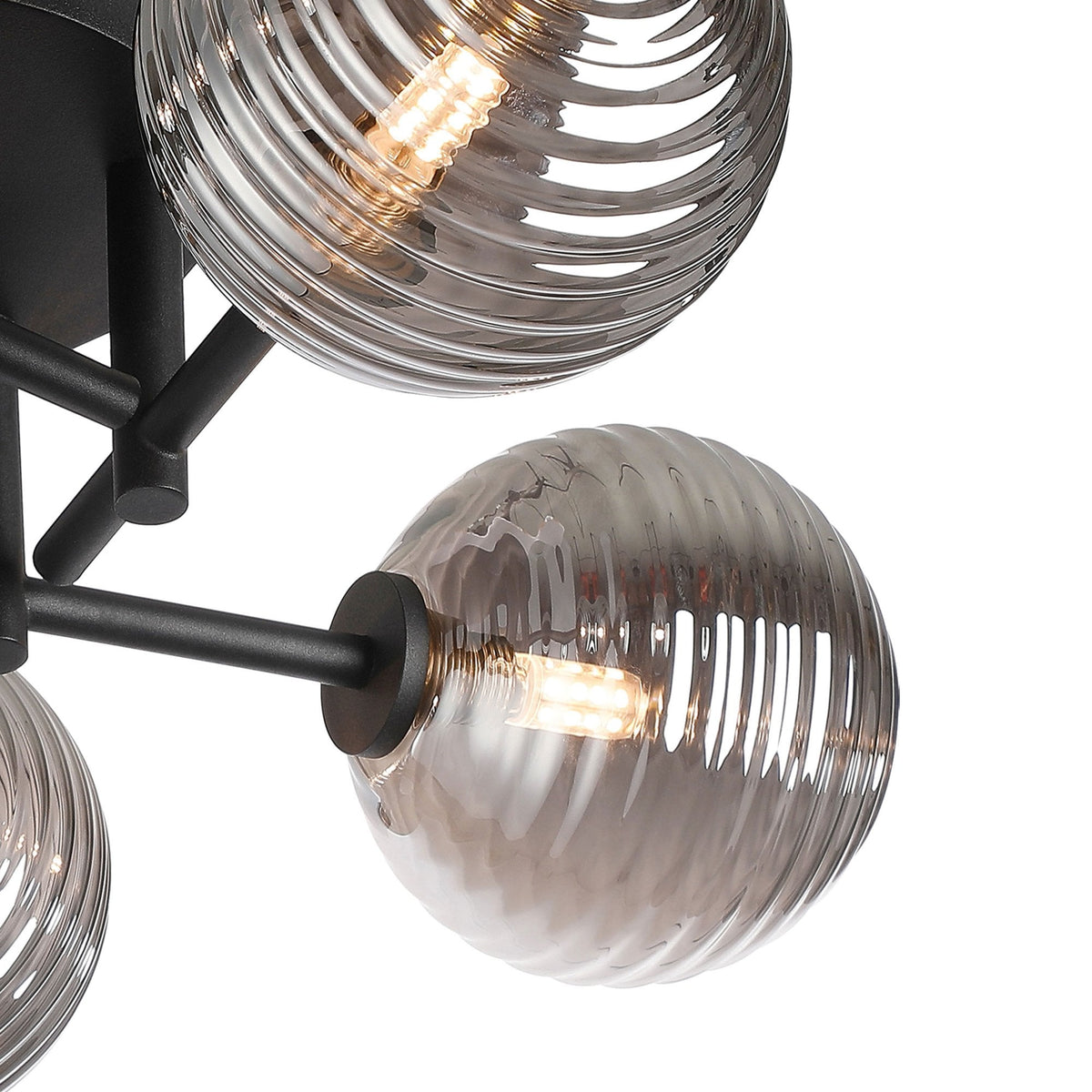 Tenterden Round 5 Light Semi Flush Ceiling Light in Satin Black with Ribbed Round Smoke Glass Diffusers